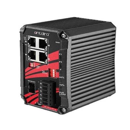 Antaira 5-Port Compact Industrial Gigabit IEEE 802.3bt PoE+ Unmanaged Ethernet Switch, 4-10/100/1000TX LNP-C501G-SFP-bt-T